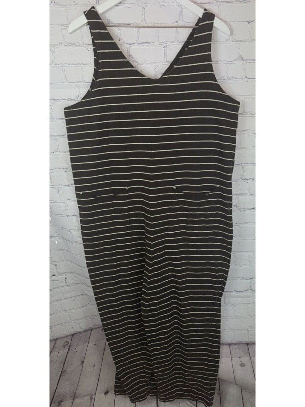 PACT Women’s Size XL Brown White Striped Knit Sleeveless Jumpsuit Pockets  S